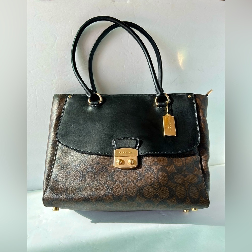 Coach Two Tone Leather and Signature Print Large Satchel